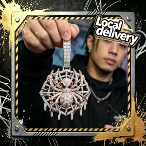 Iced Spider Web Pendant Hip Hop Charm Red Ruby.