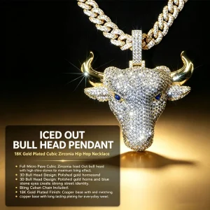 Iced Out Bull Head Pendant 18K Gold Plated.